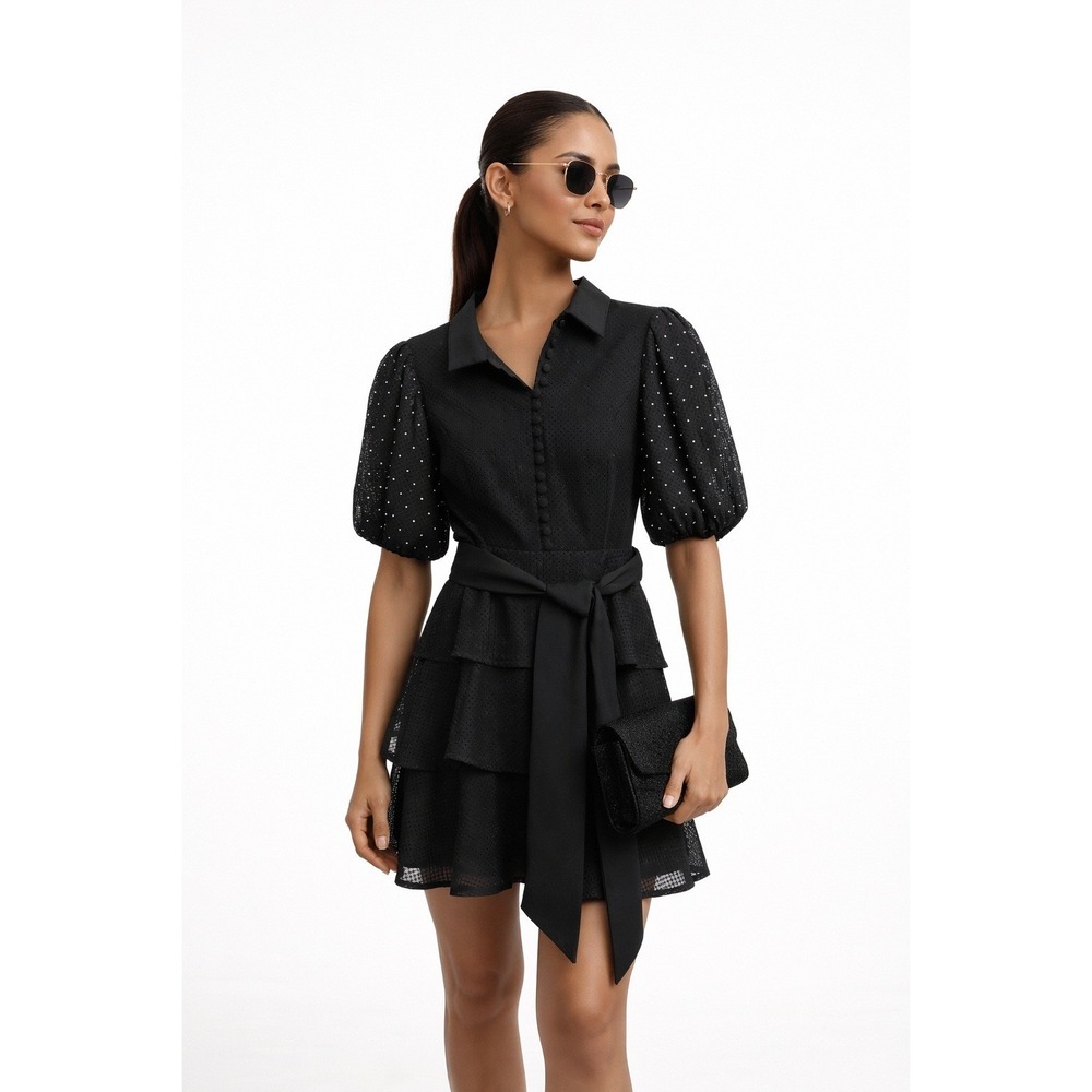 NWT C/MEO COLLECTIVE Think About Me Mini Dress Black Rhinestone Puff S NEW